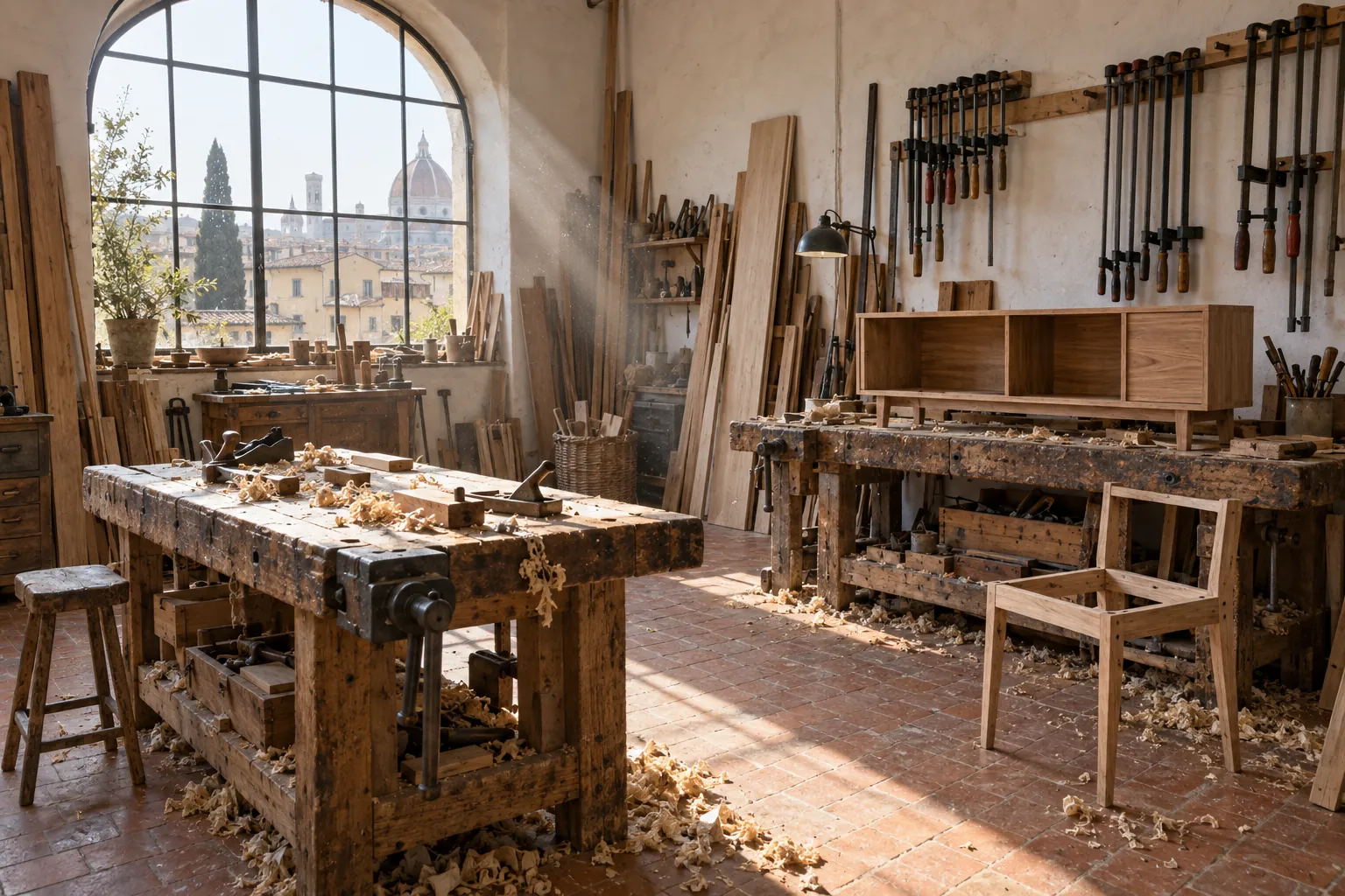 Interno di una bottega di falegnameria a Firenze con grande finestra ad arco, banchi da lavoro, morsetti alle pareti e mobili in lavorazione