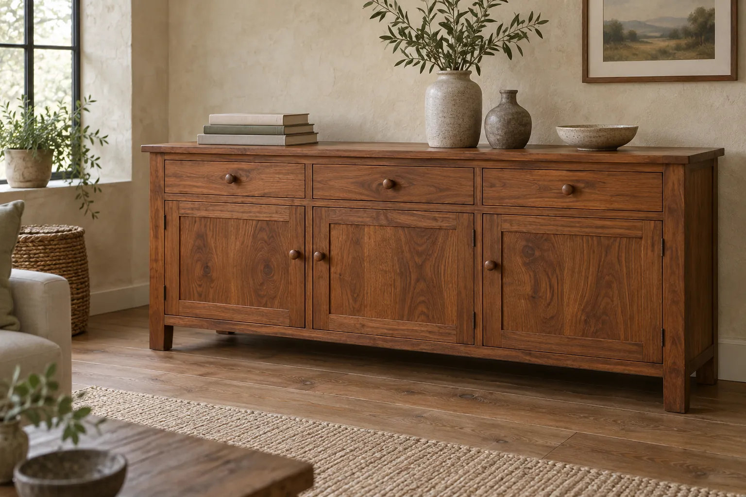 Credenza Casentino in castagno massello con tre cassetti e tre ante, pomoli torniti in legno, in un soggiorno con parete a calce