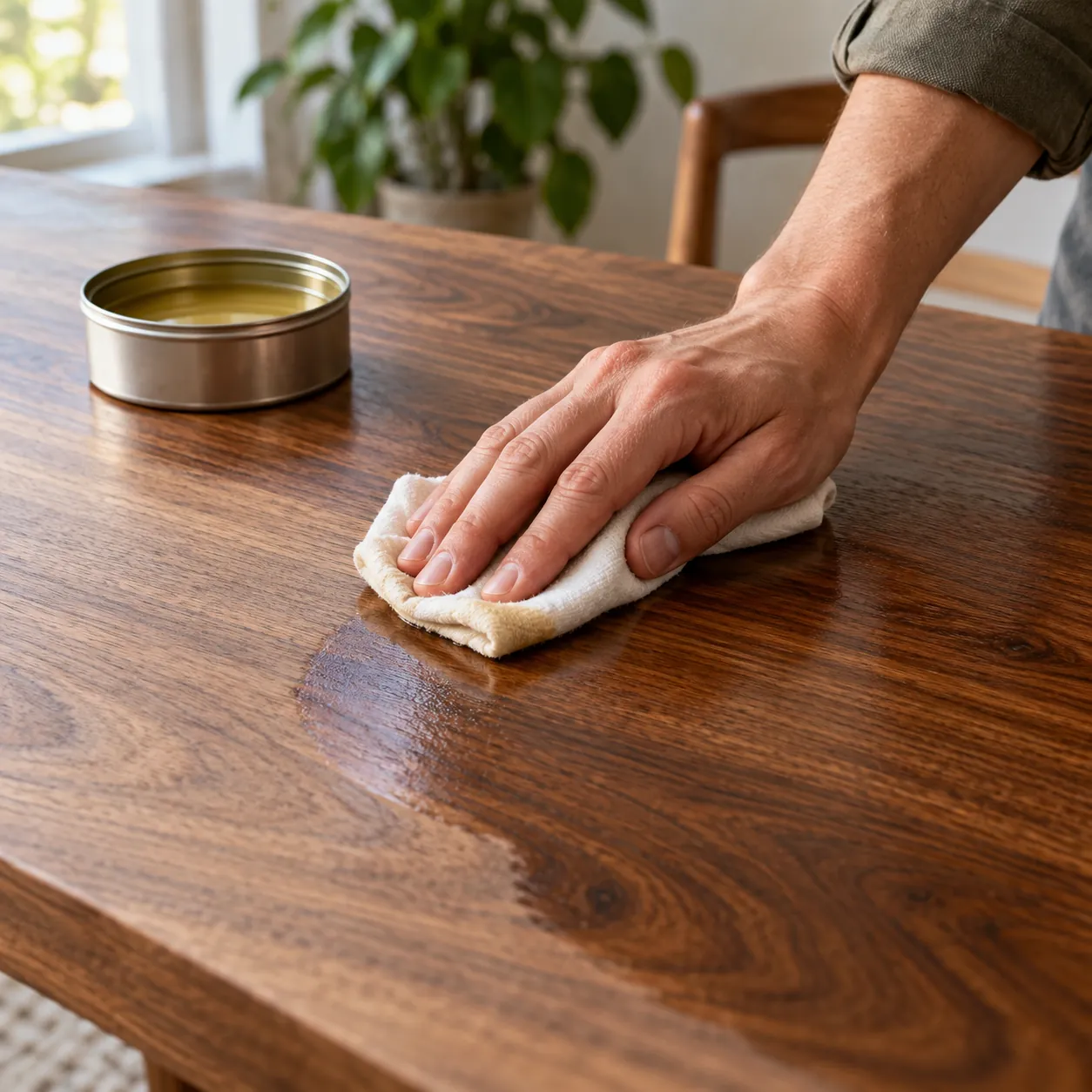 Mano che stende olio-cera naturale con un panno di cotone su un piano in noce, facendo emergere la venatura