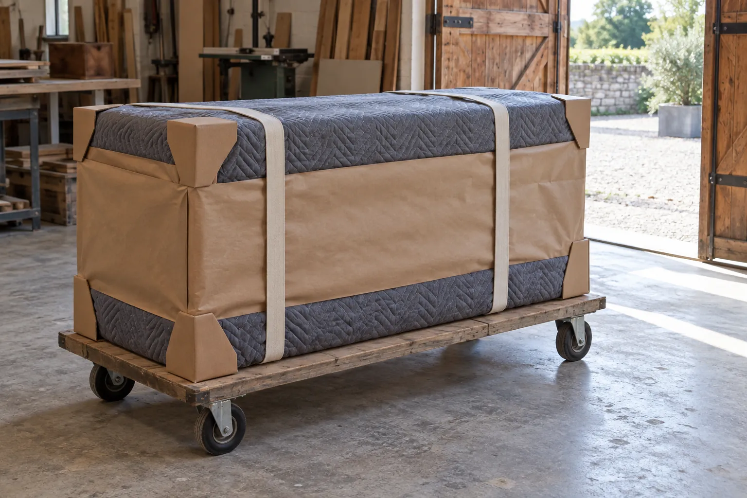 Credenza imballata con carta kraft, coperte imbottite e paraspigoli, pronta per la consegna su un carrello davanti alla porta del laboratorio