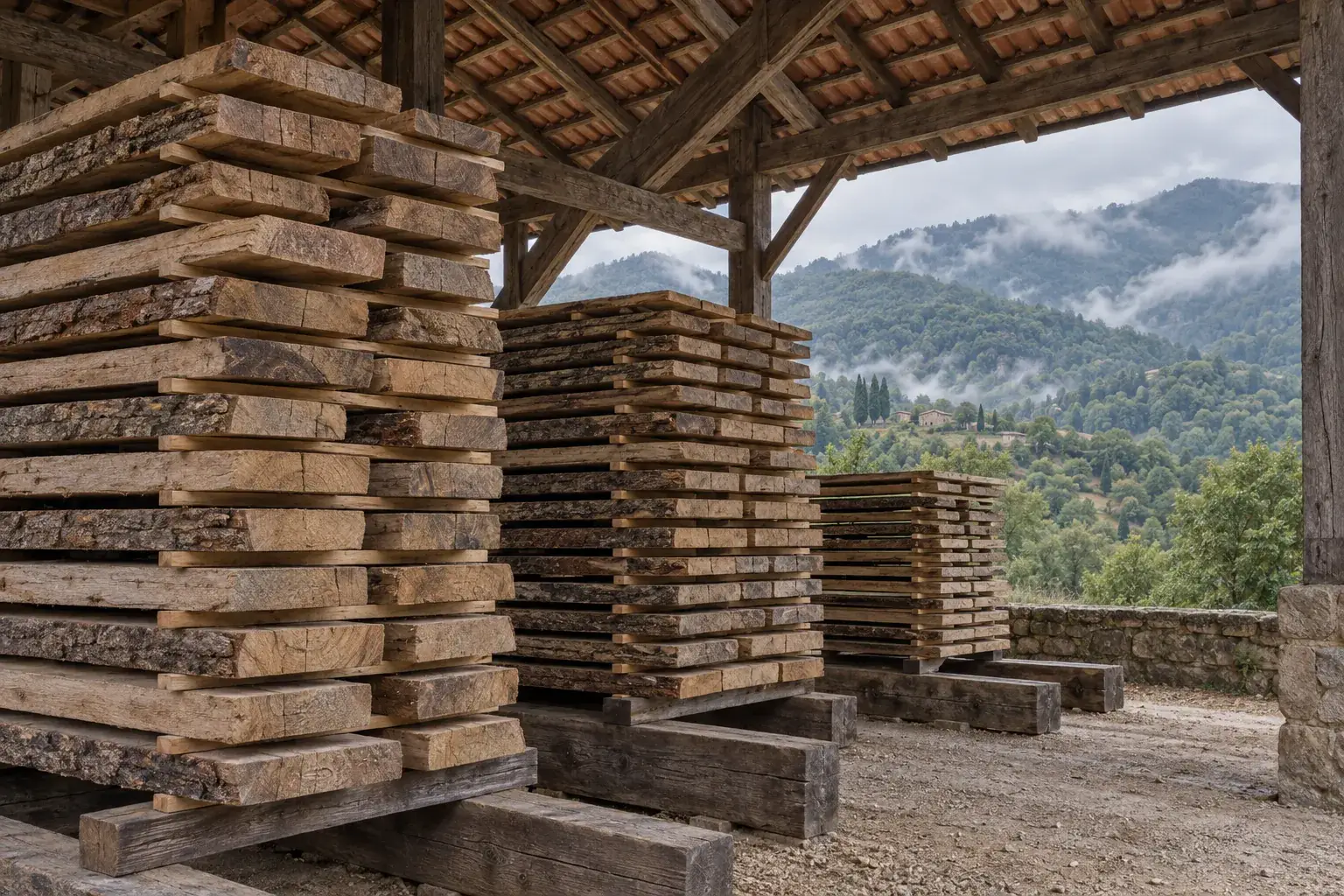 Cataste di tavole grezze di rovere e castagno in stagionatura sotto una tettoia aperta, con le colline boscose del Casentino sullo sfondo