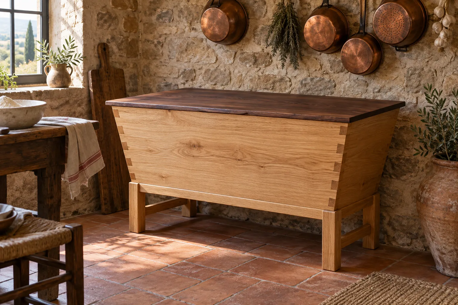 Madia Mugello in rovere con coperchio in noce e cassa trapezoidale su quattro gambe, in una cucina di campagna con muro in pietra e pentole di rame