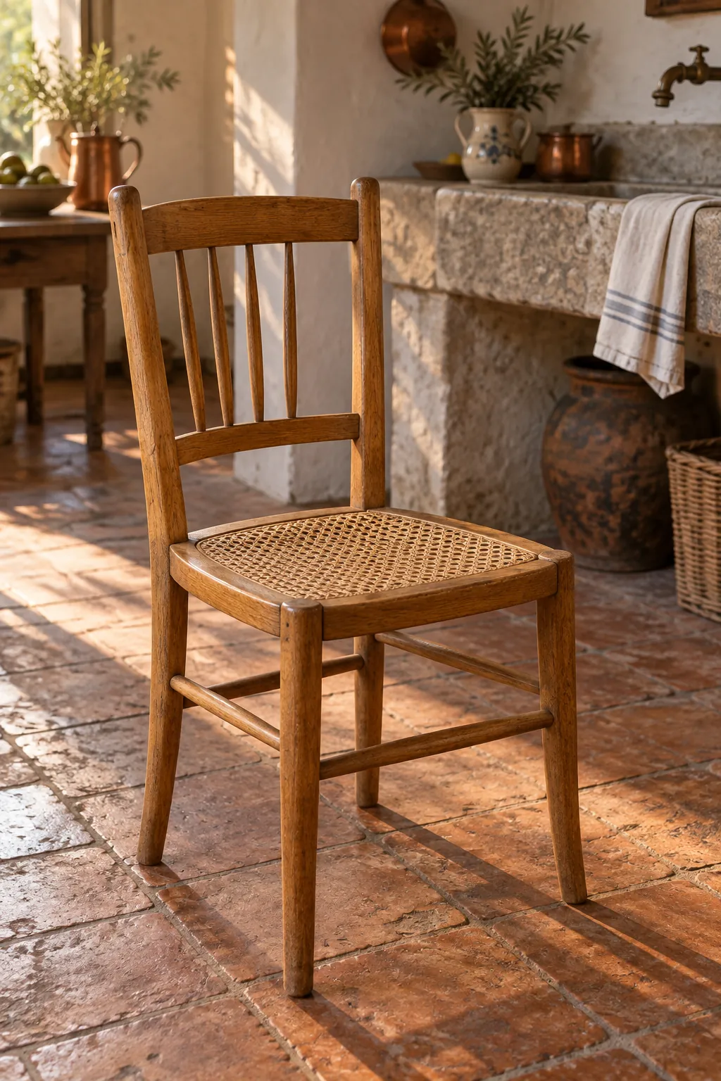 Sedia Pieve in rovere color miele con seduta in paglia di Vienna, in una cucina rustica con pavimento in cotto e lavello in pietra