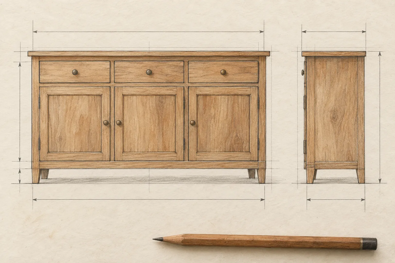 Disegno tecnico a matita con acquerello di una credenza su misura, in vista frontale e laterale con quote, e una matita accanto