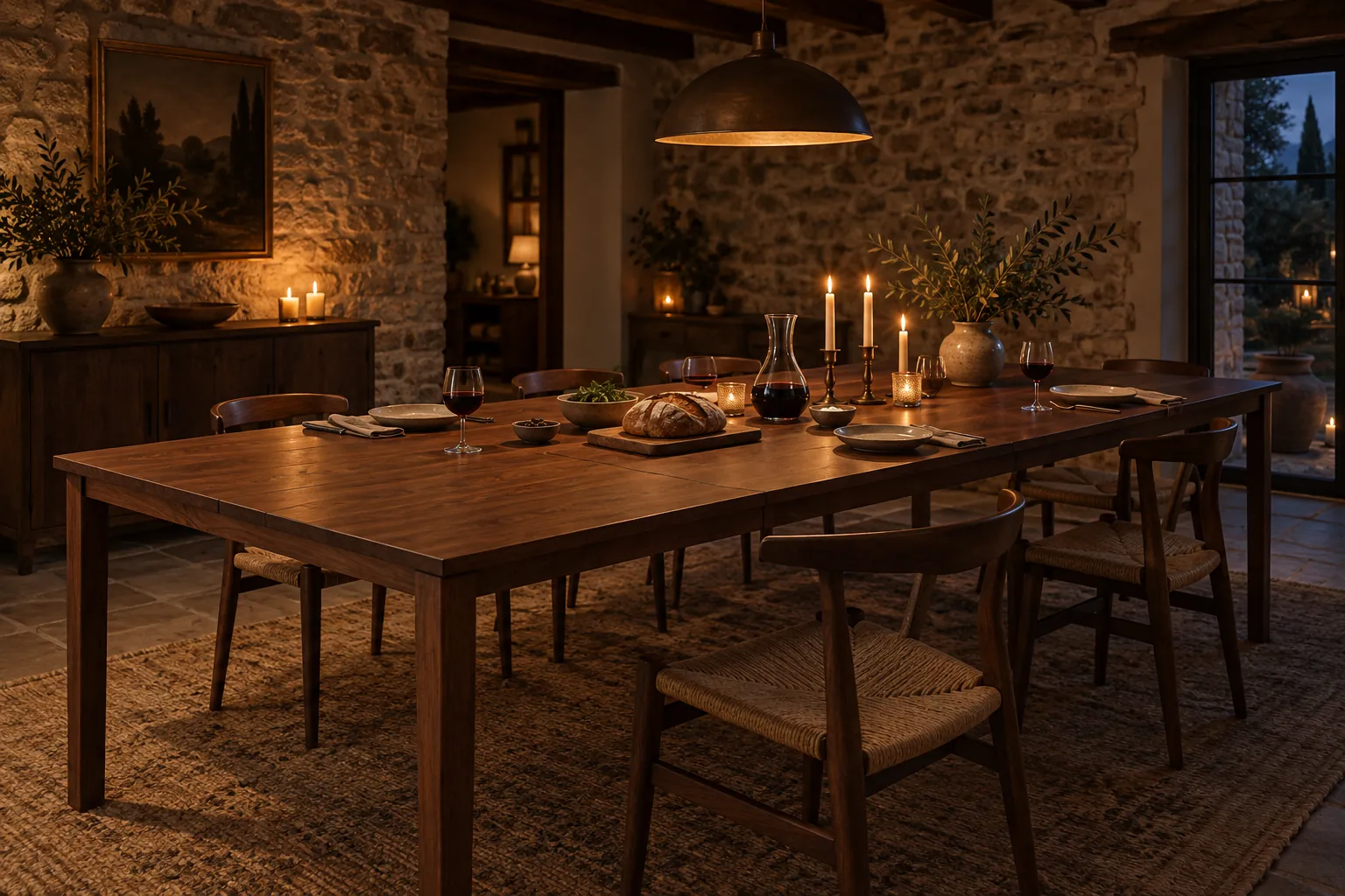 Tavolo Chianti in noce massello allungato con la prolunga centrale, apparecchiato con pane e vino in una sala con muro in pietra e travi a vista